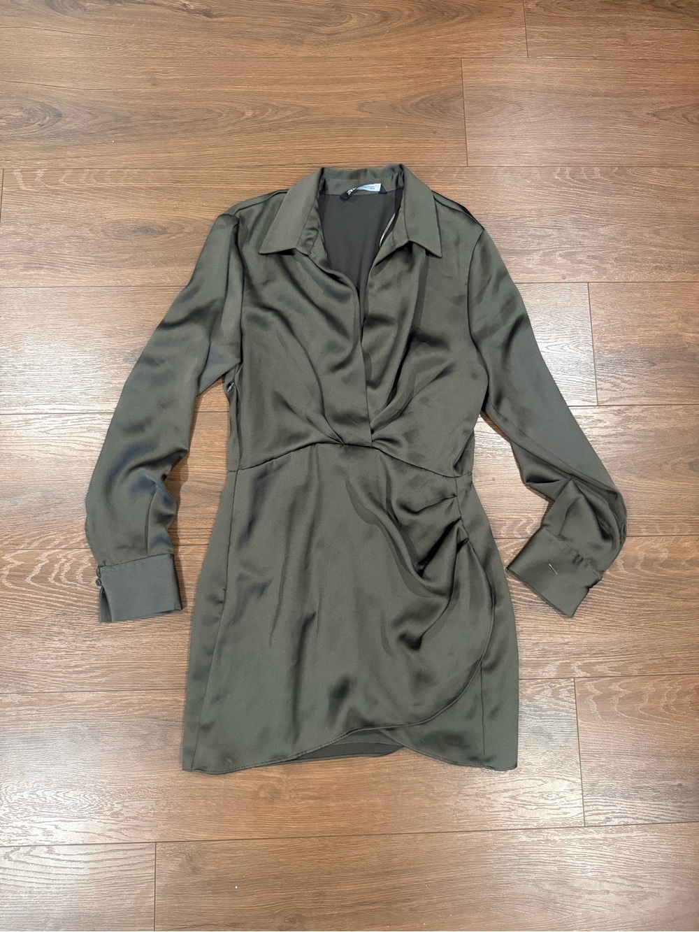 Zara Olive Satin Long-Sleeve Wrap Dress